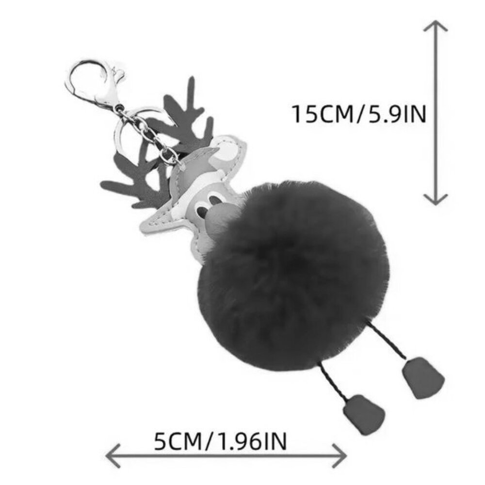 Reindeer Pom Pom Bag Charm Keychain Fuzzy Rudolph Red Nose Purse Stylish Glam - Picture 2 of 2